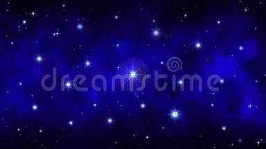 夜空<strong>星空</strong>深<strong>蓝色</strong>动态空间背景，明亮的大闪烁的星星，移动的星云，无缝的环